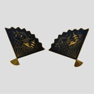 Vintage Japanese Amita Damascene Fan-Shaped screw back Earrings- Stunning!